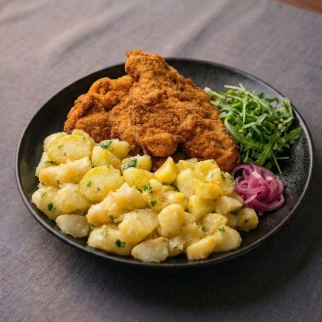 Rántott csirkecomb filé körettel